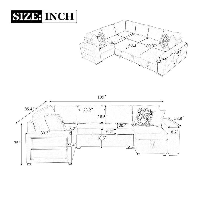 U-Shaped Sectional Sofa with Two USB Ports and Storage Chaise